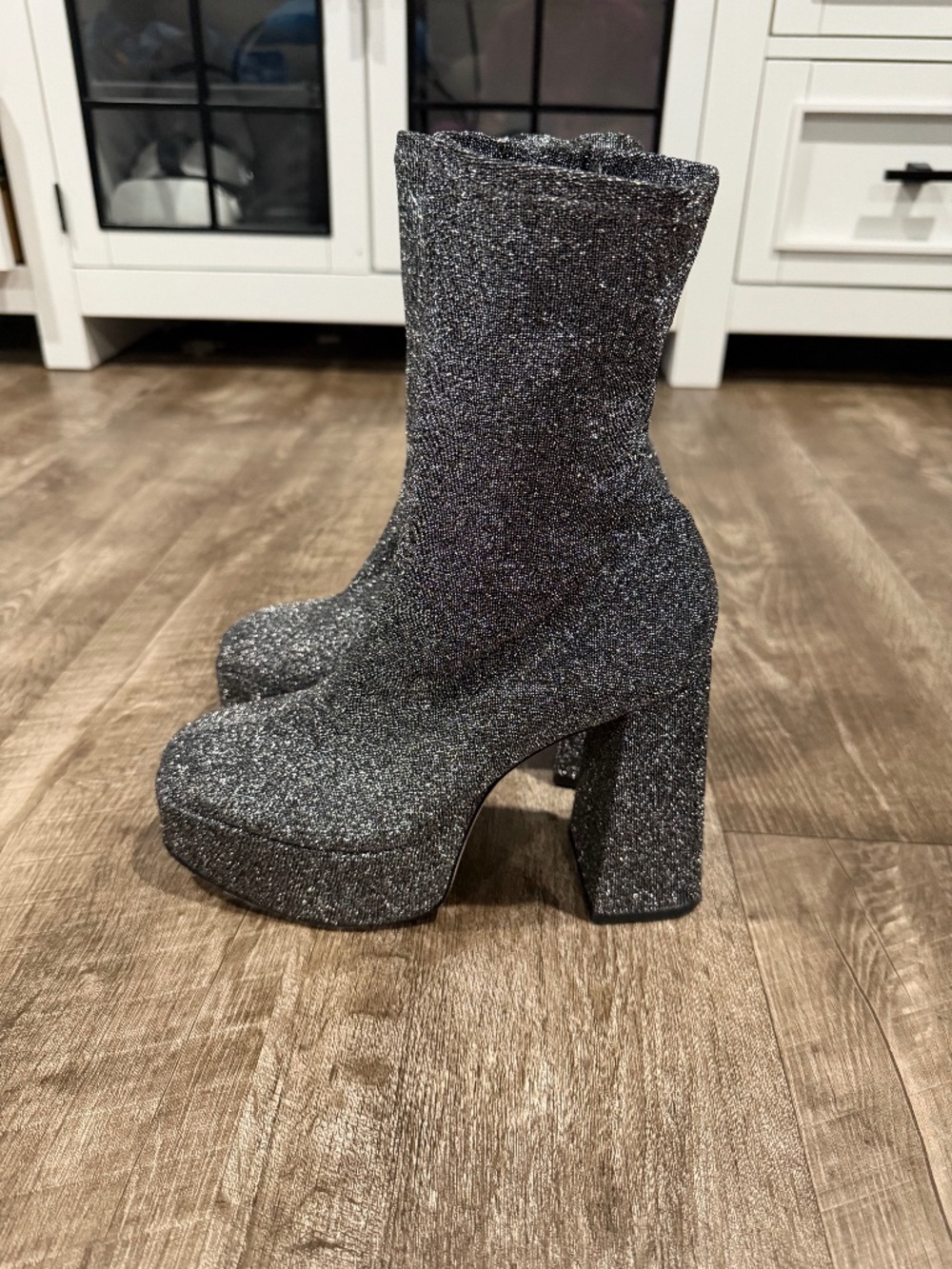 Anthropologie Larroude Dolly Stretch Boot Platform Silver Textile Zipper 7.5